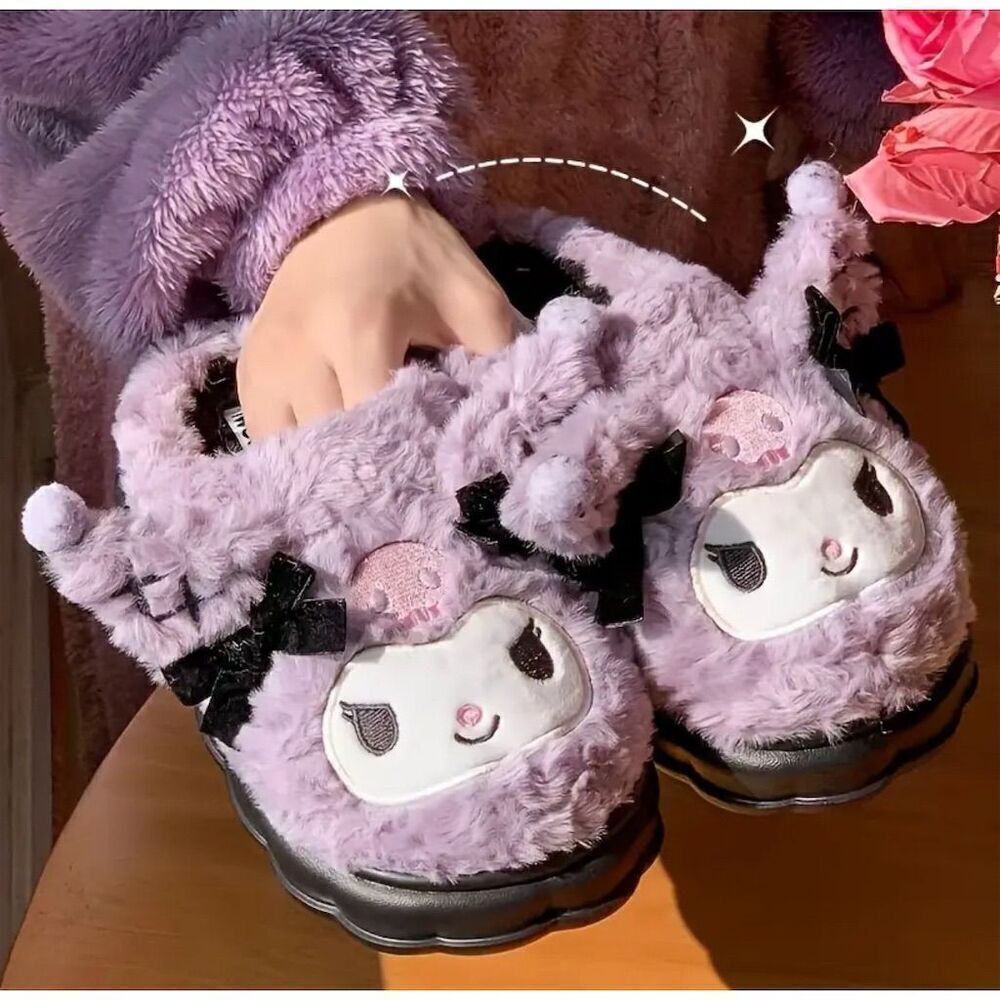 Sanrio Kuromi Plush Slippers Women's 8 Purple Anime Fluffy Cozy Fall